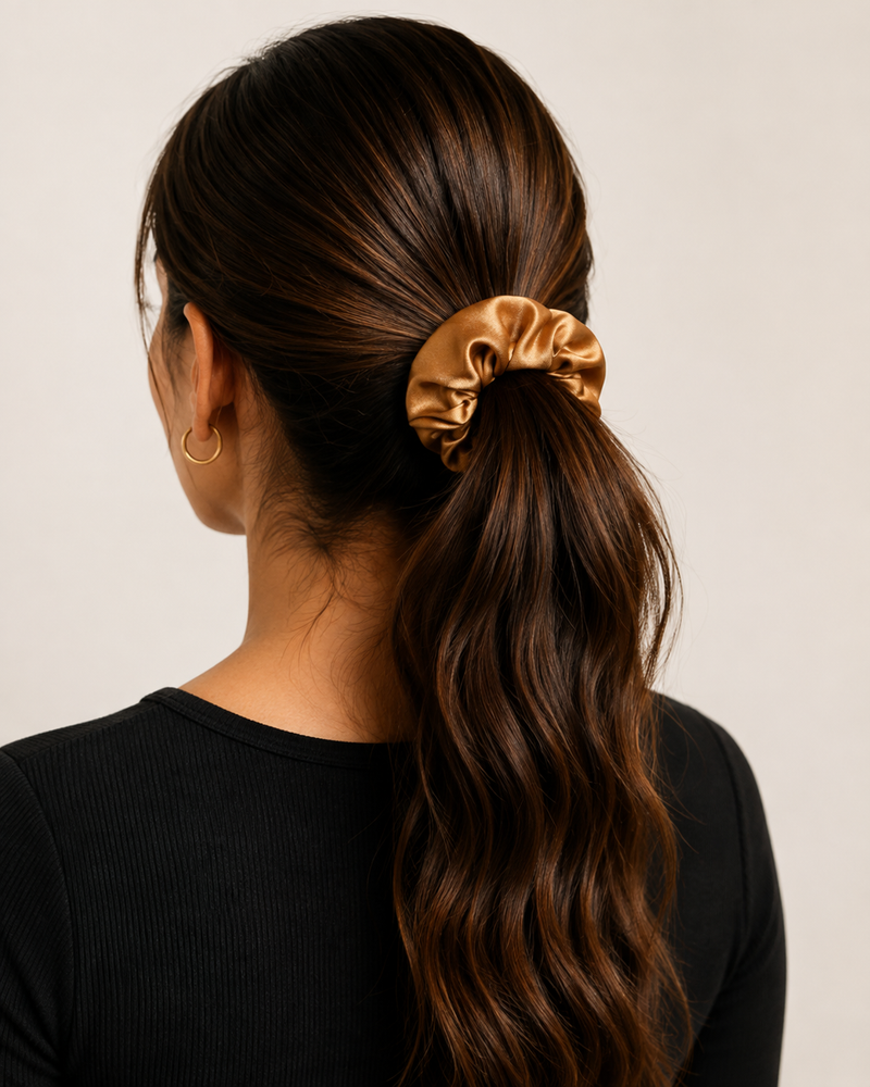 Model wearing satin scrunchie
